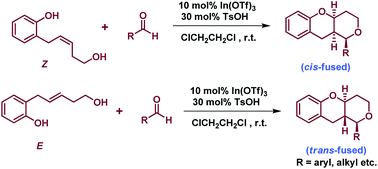 Graphical abstract: The stereoselective synthesis of cis-/trans-fused hexahydropyrano[4,3-b]chromenes via Prins cyclization trapping by a tethered nucleophile