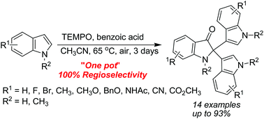 Graphical abstract: Metal-free catalyzed oxidative trimerization of indoles by using TEMPO in air: a biomimetic approach to 2-(1H-indol-3-yl)-2,3′-biindolin-3-ones