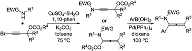 Graphical abstract: Synthesis of allenamides by Pd-catalyzed coupling of 3-alkoxycarbonyloxy ynamides or 1-alkoxycarbonyloxy allenamides with arylboronic acids