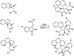 Graphical abstract: Facile synthesis of spiro[indoline-3,3′-pyrrolo[1,2-a]quinolines] and spiro[indoline-3,1′-pyrrolo[2,1-a]isoquinolines] via 1,3-dipolar cycloaddition reactions of heteroaromatic ammonium salts with 3-phenacylideneoxindoles