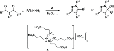 Graphical abstract: Application of a multi-SO3H Brønsted acidic ionic liquid in water: a highly efficient and reusable catalyst for the regioselective and scaled-up synthesis of pyrazoles under mild conditions