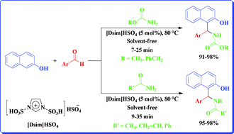 Graphical abstract: Ionic liquid 1,3-disulfonic acid imidazolium hydrogen sulfate: a novel and highly efficient catalyst for the preparation of 1-carbamatoalkyl-2-naphthols and 1-amidoalkyl-2-naphthols
