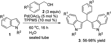 Graphical abstract: Pd-catalyzed C–H activation in water: synthesis of bis(indolyl)methanes from indoles and benzyl alcohols