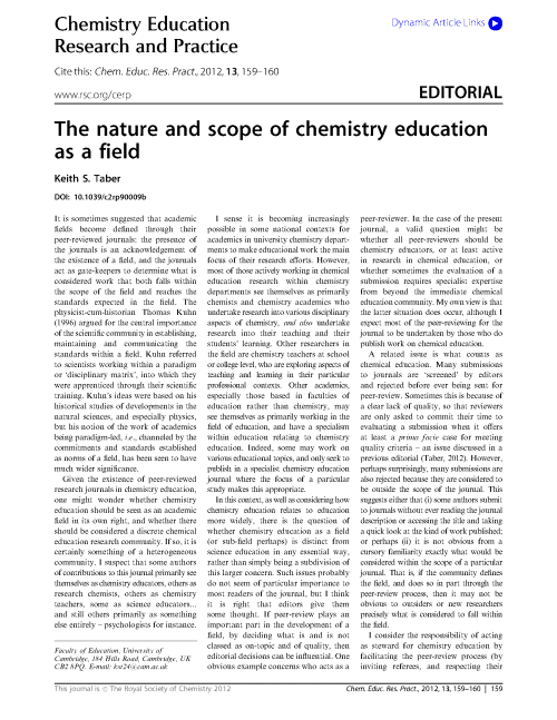 The nature and scope of chemistry education as a field