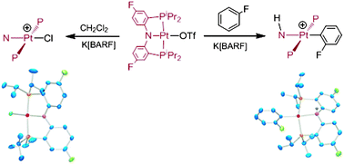 Graphical abstract: Frustrated Lewis pair-like splitting of aromatic C–H bonds and abstraction of halogen atoms by a cationic [(FPNP)Pt]+ species