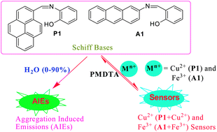 Graphical abstract: Novel pyrene- and anthracene-based Schiff base derivatives as Cu2+ and Fe3+ fluorescence turn-on sensors and for aggregation induced emissions