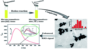 Graphical abstract: The formation of zirconium hexacyanoferrate(ii) nanoparticles and their application in the highly sensitive determination of dopamine based on enhanced resonance Rayleigh scattering