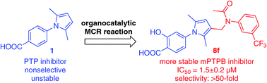 Graphical abstract: Organocatalytic multicomponent reaction for the acquisition of a selective inhibitor of mPTPB, a virulence factor of tuberculosis