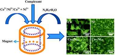 Graphical abstract: Magnetic-field-induced deposition to fabricate multifunctional nanostructured Co, Ni, and CoNi alloy films as catalysts, ferromagnetic and superhydrophobic materials