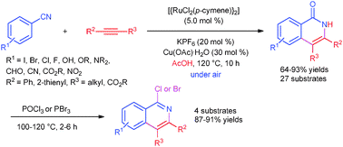 Graphical abstract: Ruthenium-catalyzed aerobic oxidative cyclization of aromatic and heteroaromatic nitriles with alkynes: a new route to isoquinolones