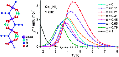 Graphical abstract: Unusual composition dependence of magnetic relaxation for CoII1−xNiIIx chain-based metal–organic frameworks