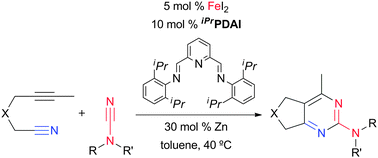 Graphical abstract: The iron-catalyzed construction of 2-aminopyrimidines from alkynenitriles and cyanamides