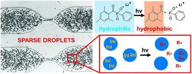 Graphical abstract: Biocompatible macro-initiators controlling radical retention in microfluidic on-chip photo-polymerization of water-in-oil emulsions