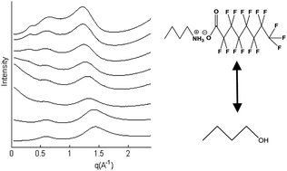 Graphical abstract: Fluorous protic ionic liquids exhibit discrete segregated nano-scale solvent domains and form new populations of nano-scale objects upon primary alcohol addition