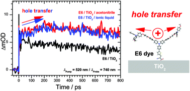 Graphical abstract: Electron and hole transfer dynamics of a triarylamine-based dye with peripheral hole acceptors on TiO2 in the absence and presence of solvent