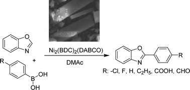 Graphical abstract: Towards applications of metal–organic frameworks in catalysis: C–H direct activation of benzoxazole with aryl boronic acids using Ni2(BDC)2(DABCO) as an efficient heterogeneous catalyst