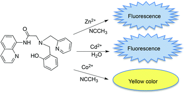 Graphical abstract: A single molecule that acts as a fluorescence sensor for zinc and cadmium and a colorimetric sensor for cobalt