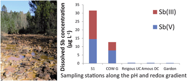 Graphical abstract: Fate of Sb(v) and Sb(iii) species along a gradient of pH and oxygen concentration in the Carnoulès mine waters (Southern France)