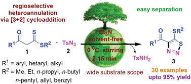 Graphical abstract: Eco-efficient, regioselective and rapid access to 4,5-disubstituted 1,2,3-thiadiazoles via [3 + 2] cycloaddition of α-enolicdithioesters with tosyl azide under solvent-free conditions