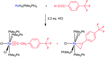 Graphical abstract: Effects of substituents on the formation of rhenium carbyne and η2-vinyl complexes from the reactions of ReH5(PMe2Ph)3 with terminal alkynes