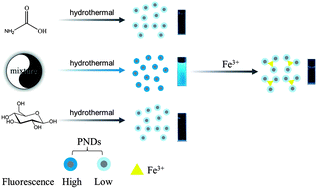 Graphical abstract: Hybrid carbon source for producing nitrogen-doped polymer nanodots: one-pot hydrothermal synthesis, fluorescence enhancement and highly selective detection of Fe(iii)