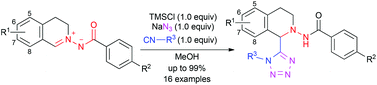 Graphical abstract: A three-component reaction of C,N-cyclic N′-acyl azomethine imines, isocyanides, and azide compounds: effective synthesis of 1,5-disubstituted tetrazoles with tetrahydroisoquinoline skeletons