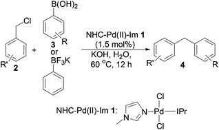 Graphical abstract: N-Heterocyclic carbene–palladium(ii)–1-methylimidazole complex catalyzed Suzuki–Miyaura coupling of benzylic chlorides with arylboronic acids or potassium phenyltrifluoroborate in neat water