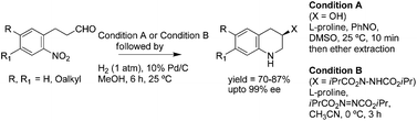 Graphical abstract: Proline catalyzed sequential α-aminooxylation or -amination/reductive cyclization of o-nitrohydrocinnamaldehydes: a high yield synthesis of chiral 3-substituted tetrahydroquinolines