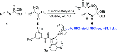 Graphical abstract: Diastereo- and enantioselective nitro-Mannich reaction of α-substituted nitroacetates to N-phosphoryl imines catalyzed by cinchona alkaloid thiourea organocatalysts