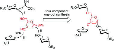 Graphical abstract: One-pot synthesis of branched oligosaccharides by use of galacto- and mannopyranosyl thioglycoside diols as key glycosylating agents