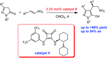 Graphical abstract: Squaramide-catalysed enantioselective Michael addition of pyrazolin-5-ones to nitroalkenes