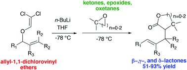 Graphical abstract: Low temperature n-butyllithium-induced [3,3]-sigmatropic rearrangement/electrophile trapping reactions of allyl-1,1-dichlorovinyl ethers. Synthesis of β-, γ- and δ-lactones