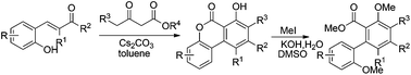 Graphical abstract: An advanced and novel one-pot synthetic method for diverse benzo[c]chromen-6-ones by transition-metal free mild base-promoted domino reactions of substituted 2-hydroxychalcones with β-ketoesters and its application to polysubstituted terphenyls