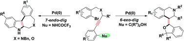 Graphical abstract: Pd(0)-catalyzed regio- and stereoselective cyclization of alkynes: selective synthesis of (E)-4-(isobenzofuran-1(3H)-ylidene)-1,2,3,4-tetrahydroisoquinolines and aze/oxepinoindoles