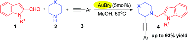 Graphical abstract: Mild gold-catalyzed three-component dehydrogenative coupling of terminal alkynes to amines and indole-2-carboxaldehyde