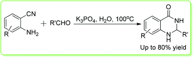 Graphical abstract: Base mediated synthesis of 2-aryl-2,3-dihydroquinazolin-4(1H)-ones from 2-aminobenzonitriles and aromatic aldehydes in water