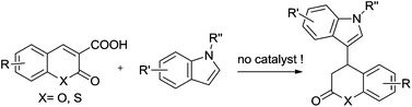 Graphical abstract: Catalyst-free tandem Michael addition/decarboxylation of (thio)coumarin-3-carboxylic acids with indoles: facile synthesis of indole-3-substituted 3,4-dihydro(thio)coumarins