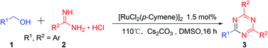 Graphical abstract: An efficient ruthenium-catalyzed dehydrogenative synthesis of 2,4,6-triaryl-1,3,5-triazines from aryl methanols and amidines