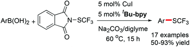 Graphical abstract: Copper-catalyzed trifluoromethylthiolation of aryl and vinyl boronic acids with a shelf-stable electrophilic trifluoromethylthiolating reagent