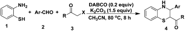Graphical abstract: Synthesis of 3,4-dihydro-2H-1,4-benzo[b]thiazine derivatives via DABCO-catalyzed one-pot three-component condensation reactions