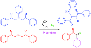 Graphical abstract: Reactions of diphenacylaniline and diphenacyl sulfide under Gewald conditions: generation of enamines and thioamides