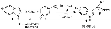 Graphical abstract: A distinct novel approach for the synthesis of 3-indolyl-methanamines starting from indoles, aldehydes and nitrobenzenes in water