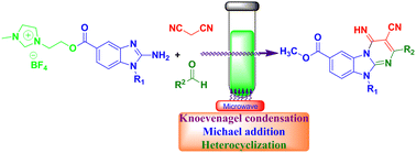 Graphical abstract: Ionic liquid supported synthesis of tricyclic pyrimido[1,2-a]benzimidazoles by a telescoped Michael/hetero annulation strategy