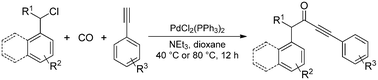 Graphical abstract: Palladium-catalyzed carbonylative coupling of (chloromethyl)arenes with terminal arylalkynes to produce 1,4-diaryl-3-butyn-2-ones