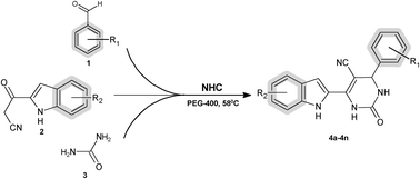 Graphical abstract: Nucleophilic heterocyclic carbene promoted one pot multicomponent synthesis of new 6-(1H-indol-3-yl)-2-oxo-4-aryl-1,2,3,4 tetrahydropyrimidine-5-carbonitriles: an eco-compatible approach with PEG as a biodegradable medium