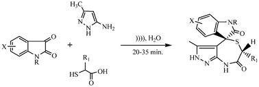 Graphical abstract: Ultrasound promoted catalyst-free and selective synthesis of spiro[indole-3,4′-pyrazolo[3,4-e][1,4]thiazepines] in aqueous media and evaluation of their anti-hyperglycemic activity