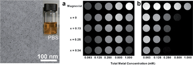 Graphical abstract: Ultrasmall PEGylated MnxFe3−xO4 (x = 0–0.34) nanoparticles: effects of Mn(ii) doping on T1- and T2-weighted magnetic resonance imaging