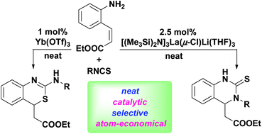 Graphical abstract: Chemoselective reactions under solvent-free conditions: lanthanide-catalyzed syntheses of 2-amino-3,1-benzothiazines and 3,4-dihydroquinazoline-2-thiones