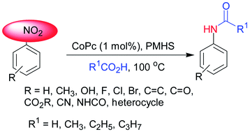 Graphical abstract: Highly selective direct reductive amidation of nitroarenes with carboxylic acids using cobalt(ii) phthalocyanine/PMHS