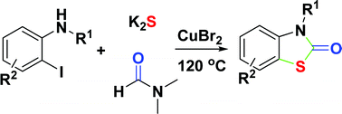 Graphical abstract: Copper catalyzed three-component synthesis of benzothiazolones from o-iodoanilines, DMF, and potassium sulfide